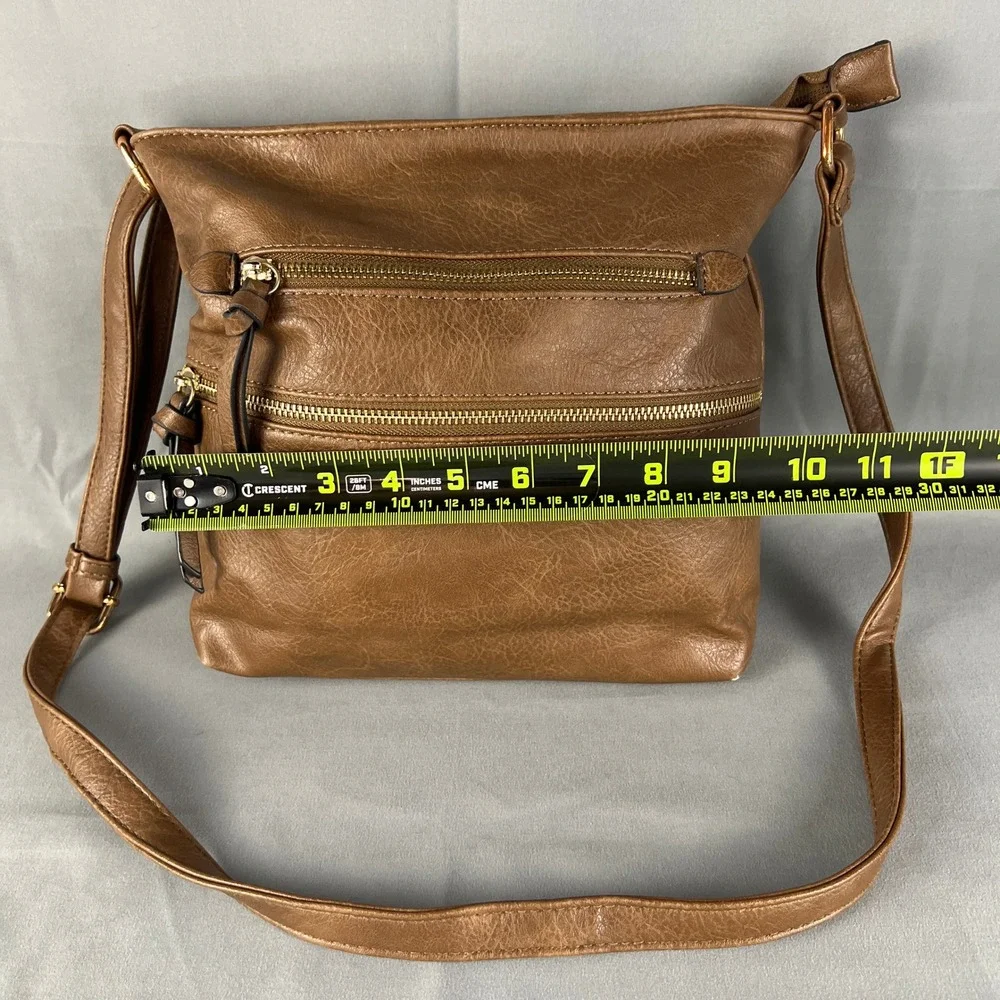 Womens Fashion Crossbody Bag Brown Leather Multiple Zip Pockets Adjustable Strap
